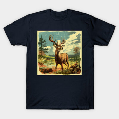 Navy blue t-shirt with vintage deer illustration, nature background, casual style, 100% cotton, unisex design.