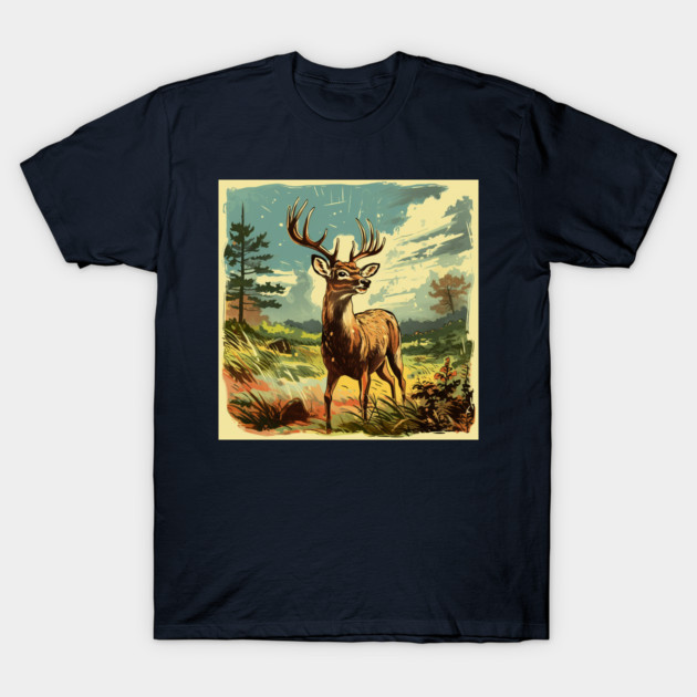 Navy blue t-shirt with vintage deer illustration, nature background, casual style, 100% cotton, unisex design.
