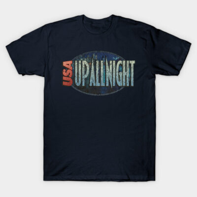 Navy blue graphic t-shirt with "USA Up All Night" print, casual style, soft cotton material, ideal for everyday wear.