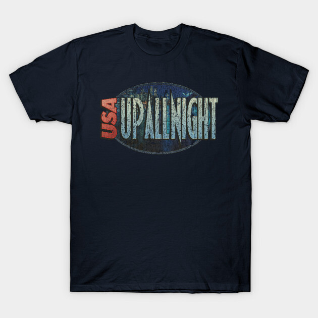 Navy blue graphic t-shirt with "USA Up All Night" print, casual style, soft cotton material, ideal for everyday wear.