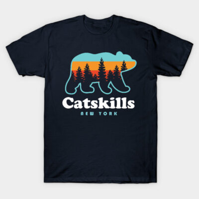 Navy blue Catskills New York t-shirt, bear silhouette with forest and sunset design, casual cotton apparel.