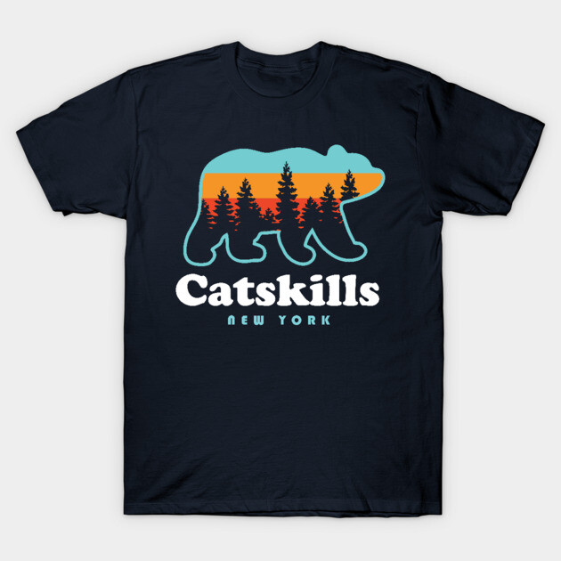 Navy blue Catskills New York t-shirt, bear silhouette with forest and sunset design, casual cotton apparel.