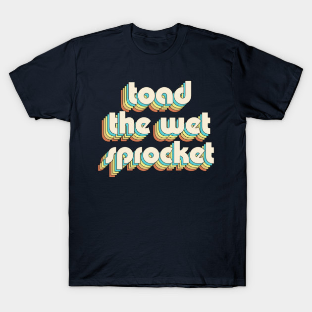 Navy blue T-shirt with retro multicolor text design, casual unisex style, ideal for everyday wear.