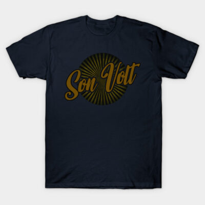Navy blue t-shirt with "Son Volt" text and sunburst design, casual style, cotton material, ideal for everyday wear.