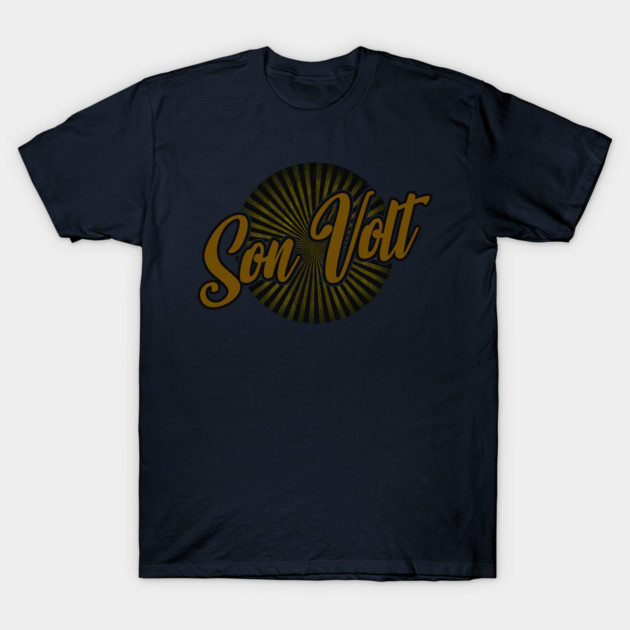 Navy blue t-shirt with "Son Volt" text and sunburst design, casual style, cotton material, ideal for everyday wear.