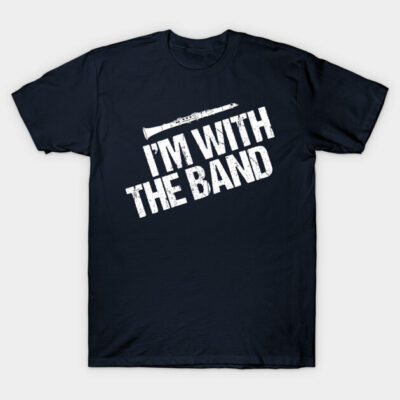 Navy blue t-shirt with "I'm With The Band" text and clarinet graphic, perfect for music lovers, cotton material.