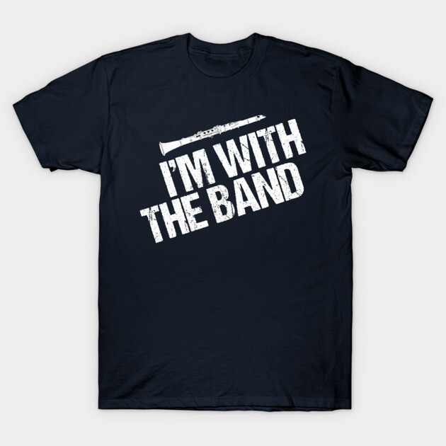 Navy blue t-shirt with "I'm With The Band" text and clarinet graphic, perfect for music lovers, cotton material.