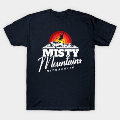Navy blue t-shirt featuring "Misty Mountains" graphic with red sunset and mountain design, ideal for casual wear.