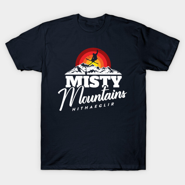 Navy blue t-shirt featuring "Misty Mountains" graphic with red sunset and mountain design, ideal for casual wear.