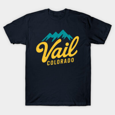 Navy blue Vail Colorado t-shirt with mountain graphic, ideal for casual wear, made from soft cotton blend.