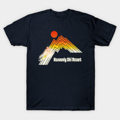 Navy blue T-shirt with retro mountain ski design, featuring "Heavenly Ski Resort" text. Perfect for casual wear.