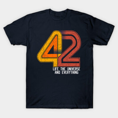 Navy blue graphic t-shirt with vintage-style "42" and "Life the Universe and Everything" text in red and yellow.