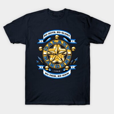 Navy blue t-shirt with "Galaxy Rangers" design, featuring gold star emblem and motivational text, made of soft cotton.