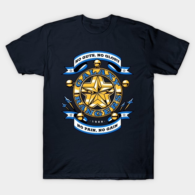 Navy blue t-shirt with "Galaxy Rangers" design, featuring gold star emblem and motivational text, made of soft cotton.