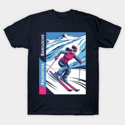 "Black t-shirt with colorful Bariloche skiing graphic design, featuring snowy mountain scene, ideal for winter sports fans."