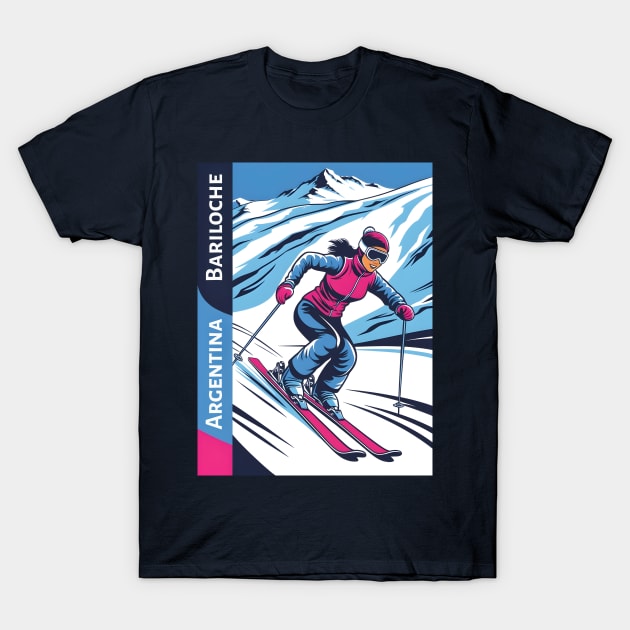 "Black t-shirt with colorful Bariloche skiing graphic design, featuring snowy mountain scene, ideal for winter sports fans."
