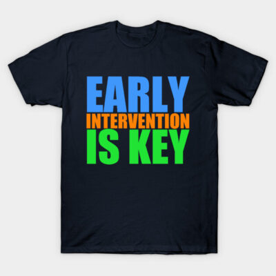 Navy blue t-shirt with "Early Intervention is Key" text in blue, orange, and green. Casual, motivational apparel.