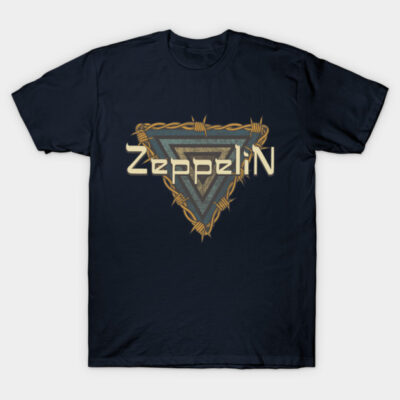 Navy blue t-shirt with triangle graphic and "Zeppelin" text, casual style, ideal for music lovers, 100% cotton.