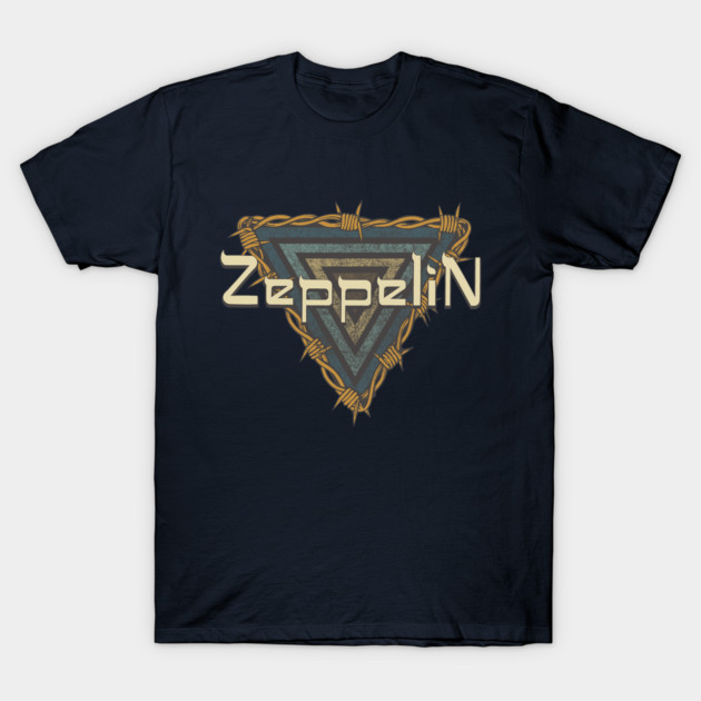 Navy blue t-shirt with triangle graphic and "Zeppelin" text, casual style, ideal for music lovers, 100% cotton.