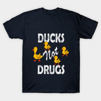 Navy blue t-shirt with "Ducks Not Drugs" text and yellow duck graphics, casual style, cotton material.