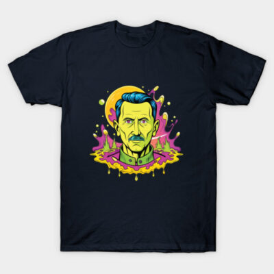 Navy blue t-shirt with vibrant abstract face design, colorful artistic style, casual wear, cotton material.
