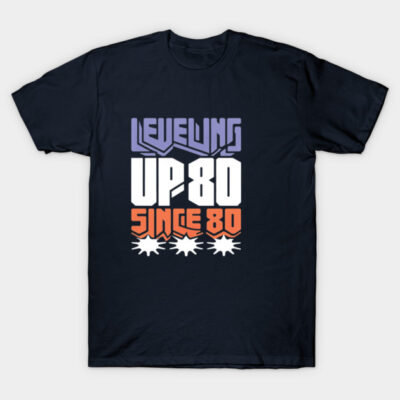 Black "Leveling Up Since 80" graphic t-shirt, casual style, cotton material, ideal for gaming enthusiasts.