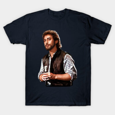 Navy blue t-shirt featuring a graphic design of a person with a microphone, casual style, cotton material.
