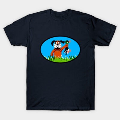 Navy blue t-shirt featuring a retro pixel art dog graphic, ideal for gaming enthusiasts and casual wear.
