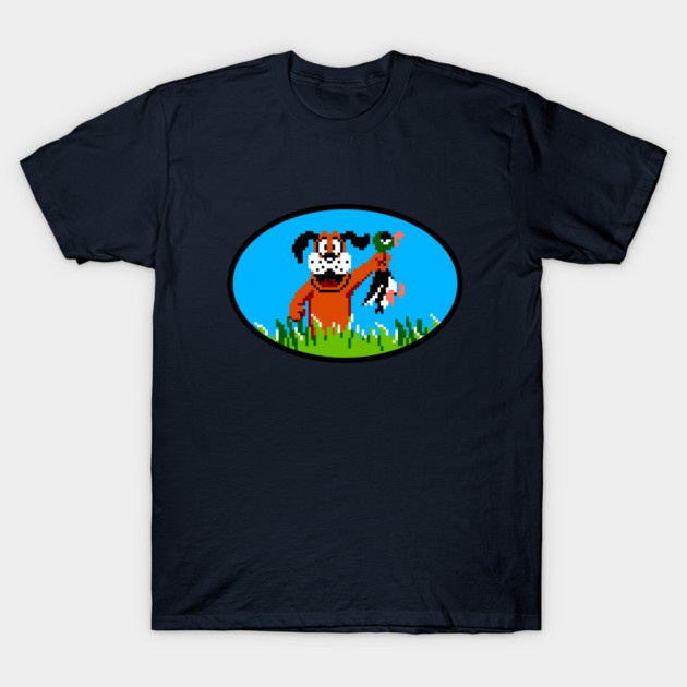 Navy blue t-shirt featuring a retro pixel art dog graphic, ideal for gaming enthusiasts and casual wear.