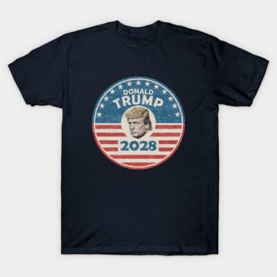 Navy blue graphic t-shirt with vintage USA theme and bold text design, ideal for casual wear and political events.