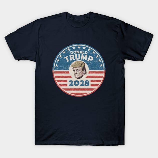 Navy blue graphic t-shirt with vintage USA theme and bold text design, ideal for casual wear and political events.
