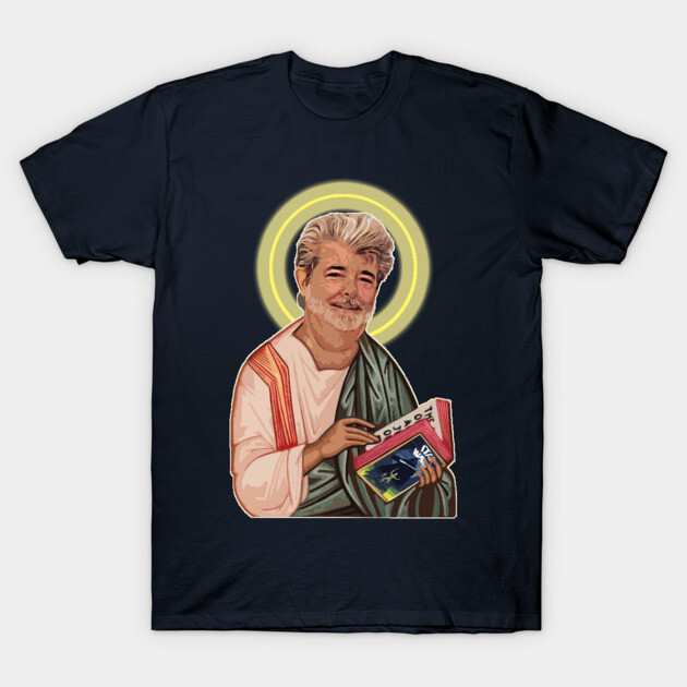 Navy blue t-shirt with artistic graphic design, featuring a figure holding a book, casual wear, cotton blend.