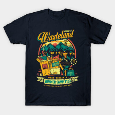 Navy blue graphic t-shirt featuring "Wasteland" print with colorful designs, ideal for casual wear, cotton material.