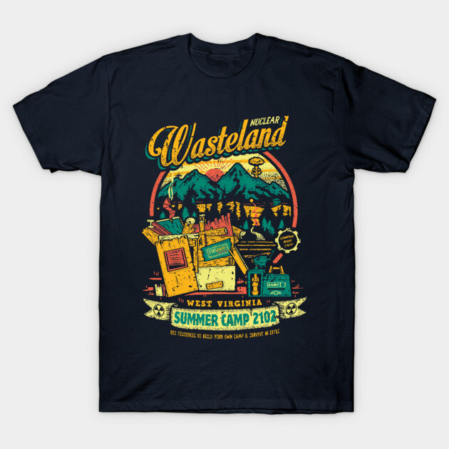 Navy blue graphic t-shirt featuring "Wasteland" print with colorful designs, ideal for casual wear, cotton material.
