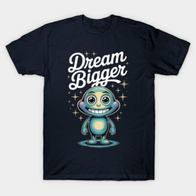 Navy blue t-shirt with "Dream Bigger" text and cartoon character design, perfect for casual wear and motivation.