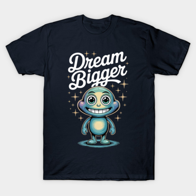 Navy blue t-shirt with "Dream Bigger" text and cartoon character design, perfect for casual wear and motivation.