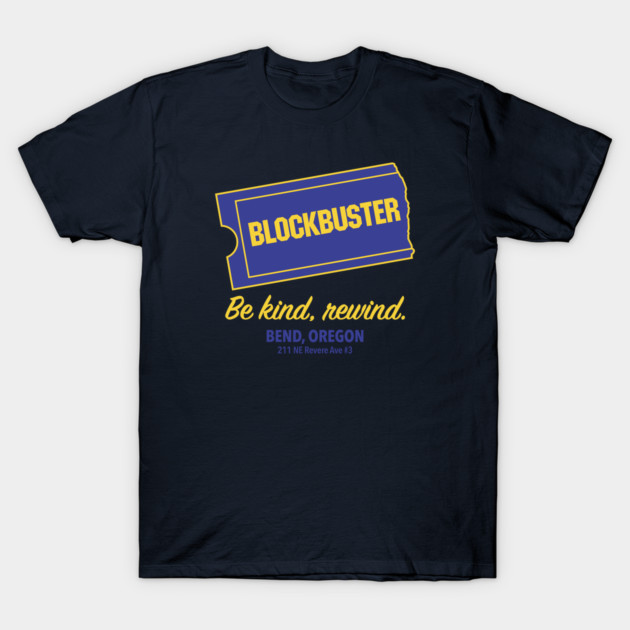 Navy blue t-shirt with vintage Blockbuster logo and "Be kind, rewind" slogan, casual cotton style.