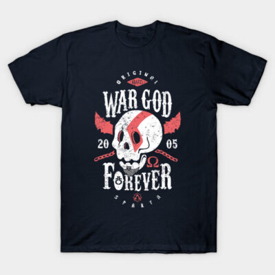 Black graphic tee with skull design, red accents, and "War God Forever" text. Casual cotton t-shirt for everyday wear.