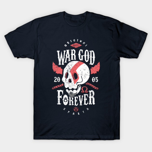 Black graphic tee with skull design, red accents, and "War God Forever" text. Casual cotton t-shirt for everyday wear.