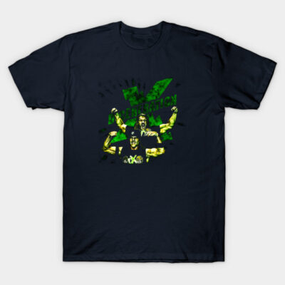 Navy blue graphic t-shirt featuring vibrant green and yellow design, perfect for casual wear and stylish statement.
