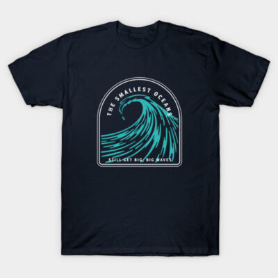 Navy blue t-shirt with wave graphic and "The Smallest Oceans" text, casual style, cotton material, perfect for everyday wear.