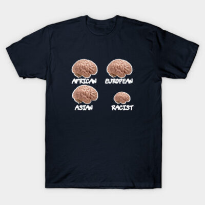 Black t-shirt with humorous brain size graphic and white text. Casual wear, cotton material, ideal for daily use.