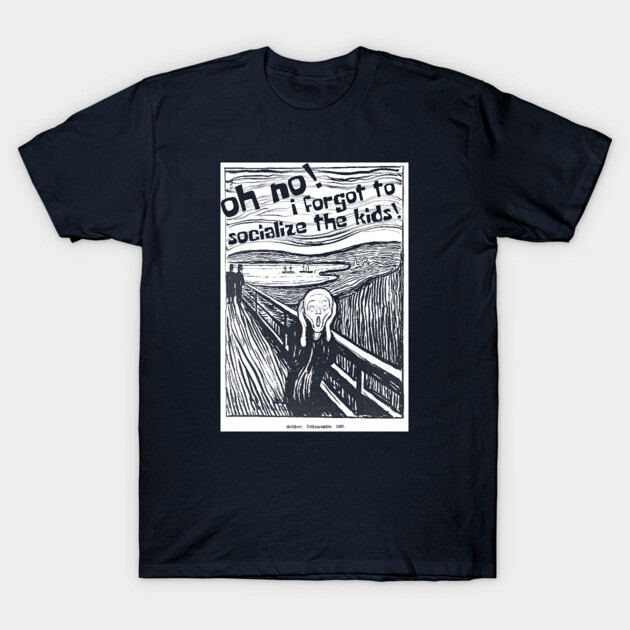 Navy blue t-shirt with humorous "Oh no! I forgot to socialize the kids!" graphic, casual style, cotton material.