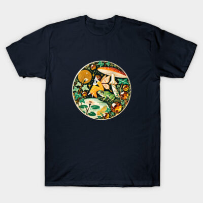 Navy blue t-shirt with colorful nature-themed design featuring mushrooms, plants, and a frog in a circular pattern.