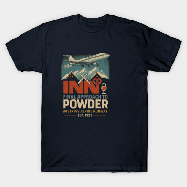 Navy blue T-shirt featuring vintage aviation and alpine design with "INN" and "Final Approach to Powder" text.