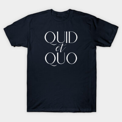 Navy blue cotton t-shirt with "Quid et Quo" text design, casual fit, perfect for everyday wear.