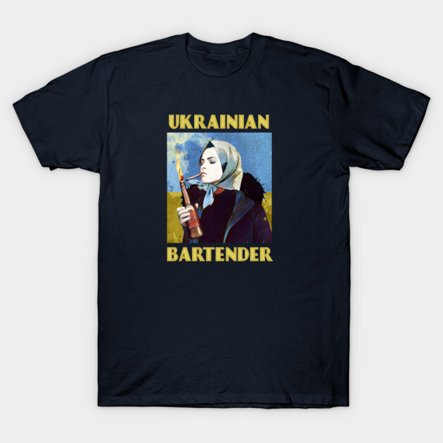 Navy blue t-shirt with "Ukrainian Bartender" graphic, featuring a vintage-style illustration, casual cotton apparel.