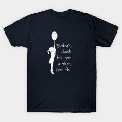 Navy blue t-shirt with white graphic of child and balloon, text reads "Baby's black balloon makes her fly," cotton fabric.