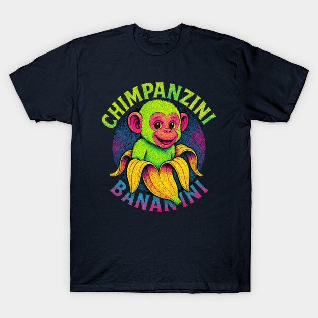 Navy blue t-shirt with colorful chimp and banana graphic, playful style, perfect for casual wear.