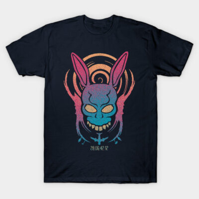 Navy blue graphic t-shirt with colorful abstract design featuring rabbit ears and skull, casual cotton style.
